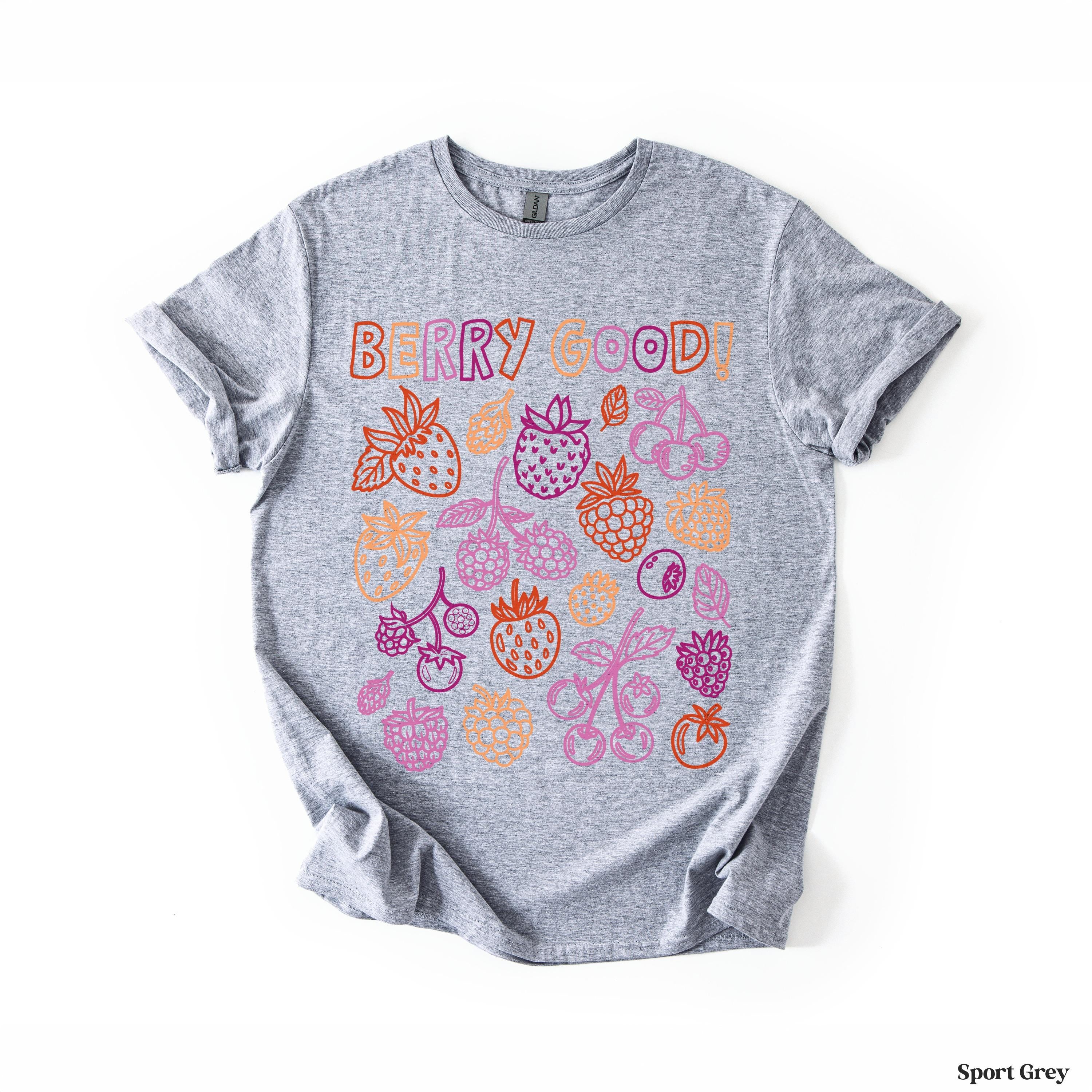 Grey t-shirt with colorful berry illustrations and &amp;quot;Berry Good!&amp;quot; text.