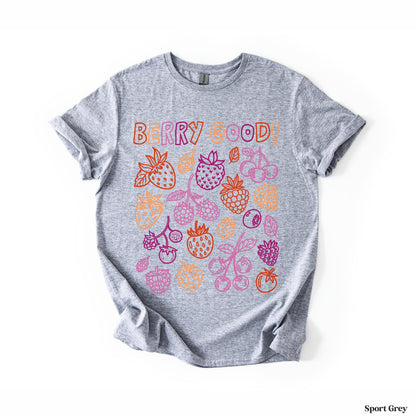 Grey t-shirt with colorful berry illustrations and &amp;quot;Berry Good!&amp;quot; text.