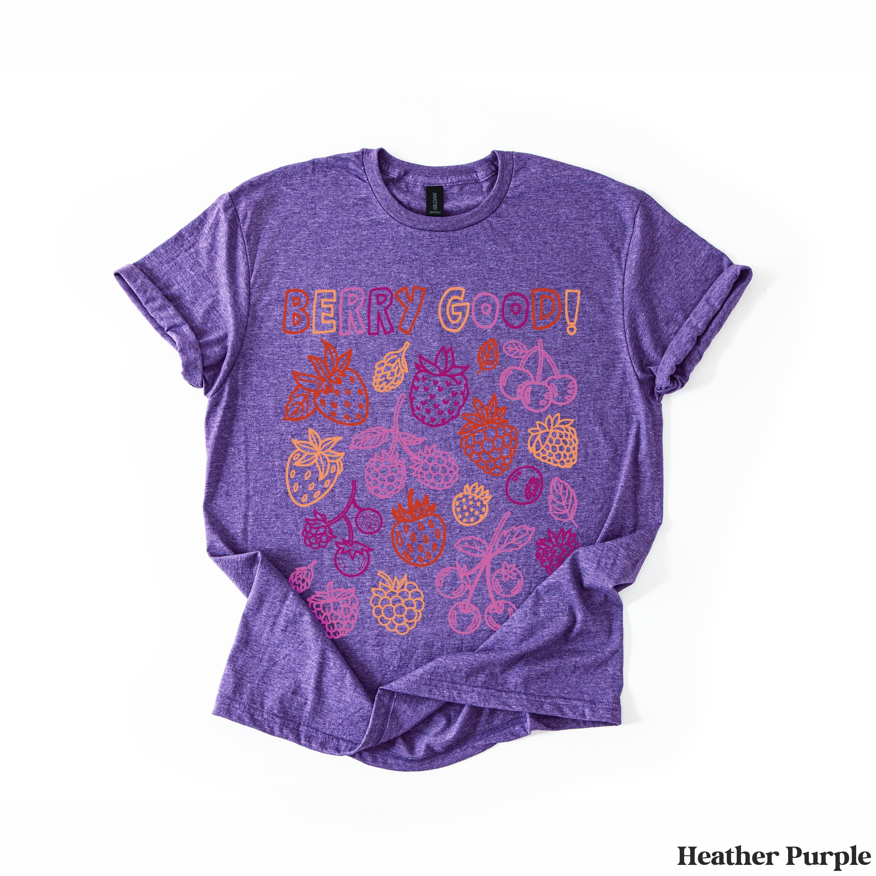 Purple heather t-shirt with &amp;quot;Berry Good!&amp;quot; text and berry illustrations.
