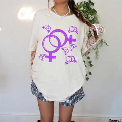 Cream t-shirt with purple female gender symbols and two interlocking symbols.
