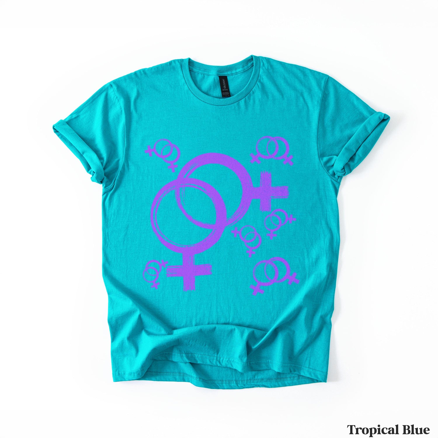 Turquoise t-shirt with purple lesbian pride symbols.