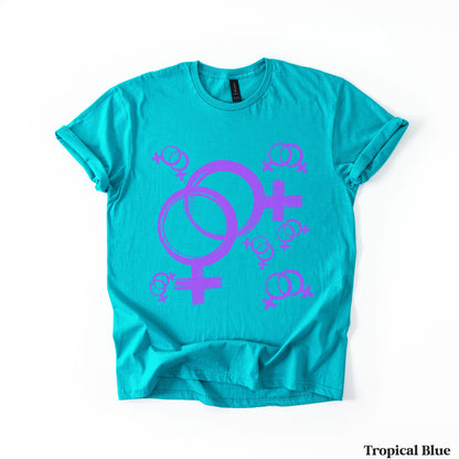 Turquoise t-shirt with purple lesbian pride symbols.
