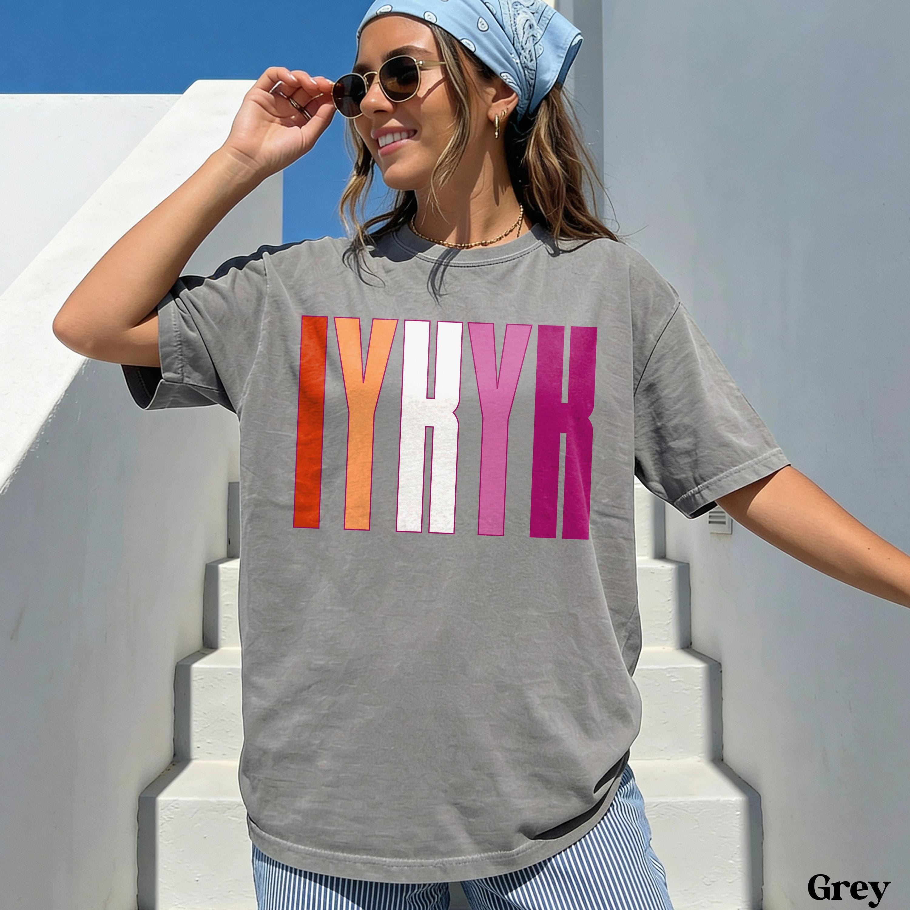 Gray t-shirt with colorful &amp;quot;LRYH&amp;quot; graphic in lesbian flag colors.