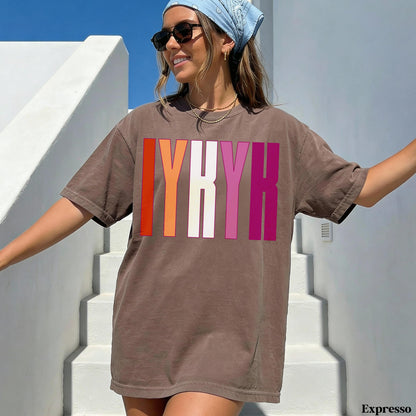 Brown t-shirt with &amp;quot;LYRH&amp;quot; in colorful stripes on chest.