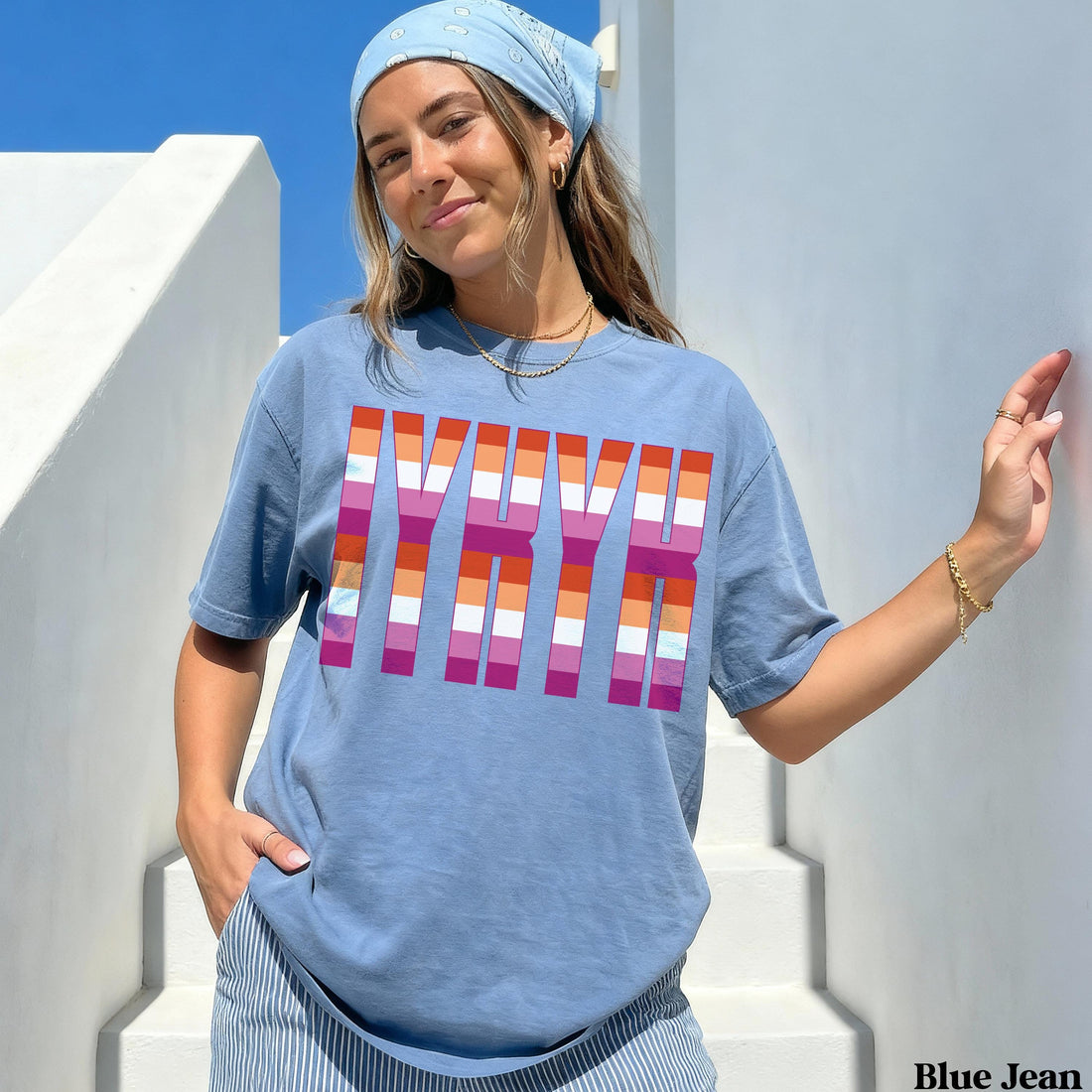 Blue t-shirt with layered &amp;quot;NYC&amp;quot; text in pride flag colors.