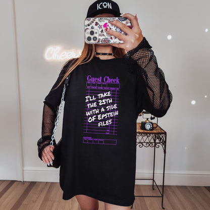 Black t-shirt with &amp;quot;Guest Check&amp;quot; graphic listing &amp;quot;I&amp;