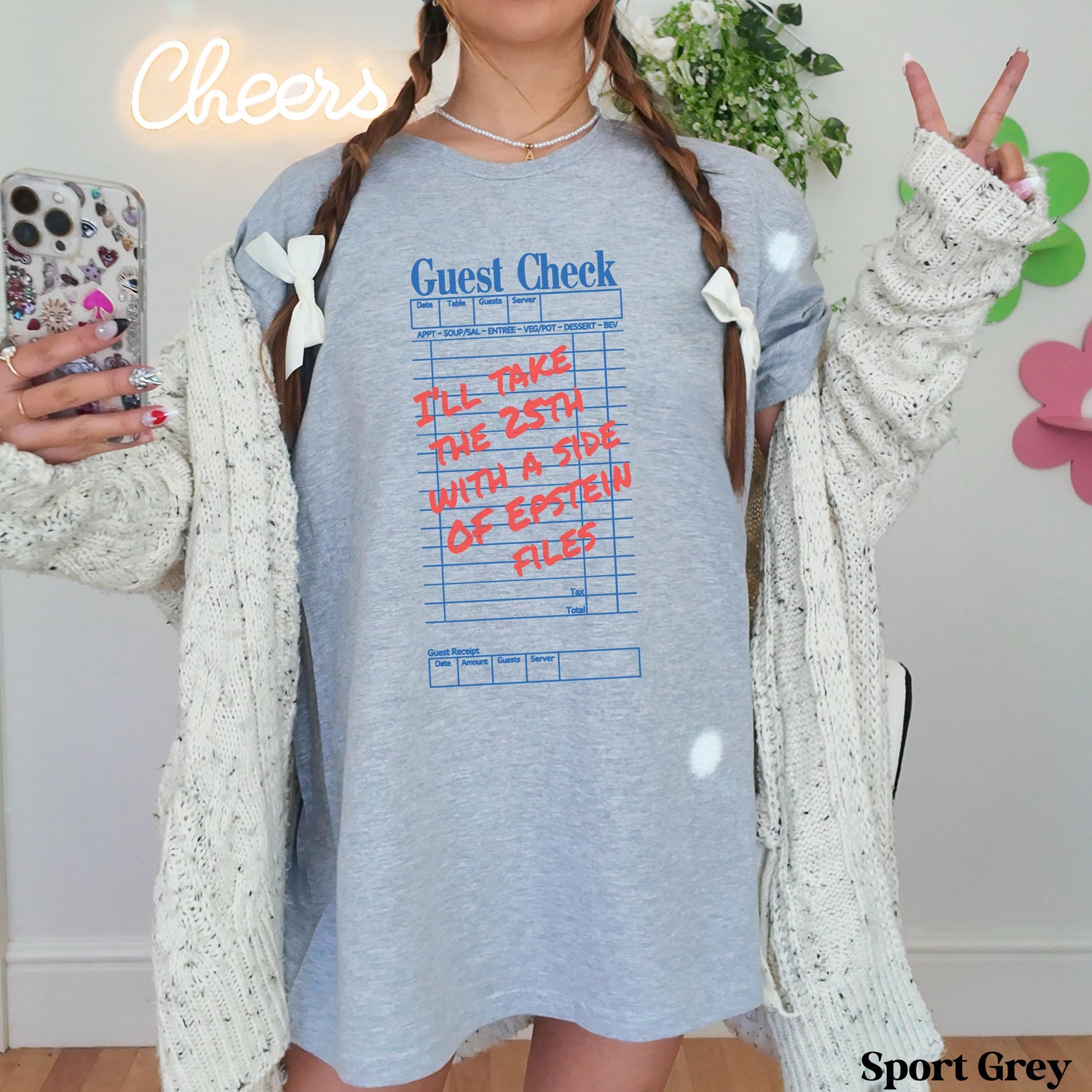 Grey t-shirt with &amp;quot;Guest Check&amp;quot; and &amp;quot;The 25th&amp;quot; design.