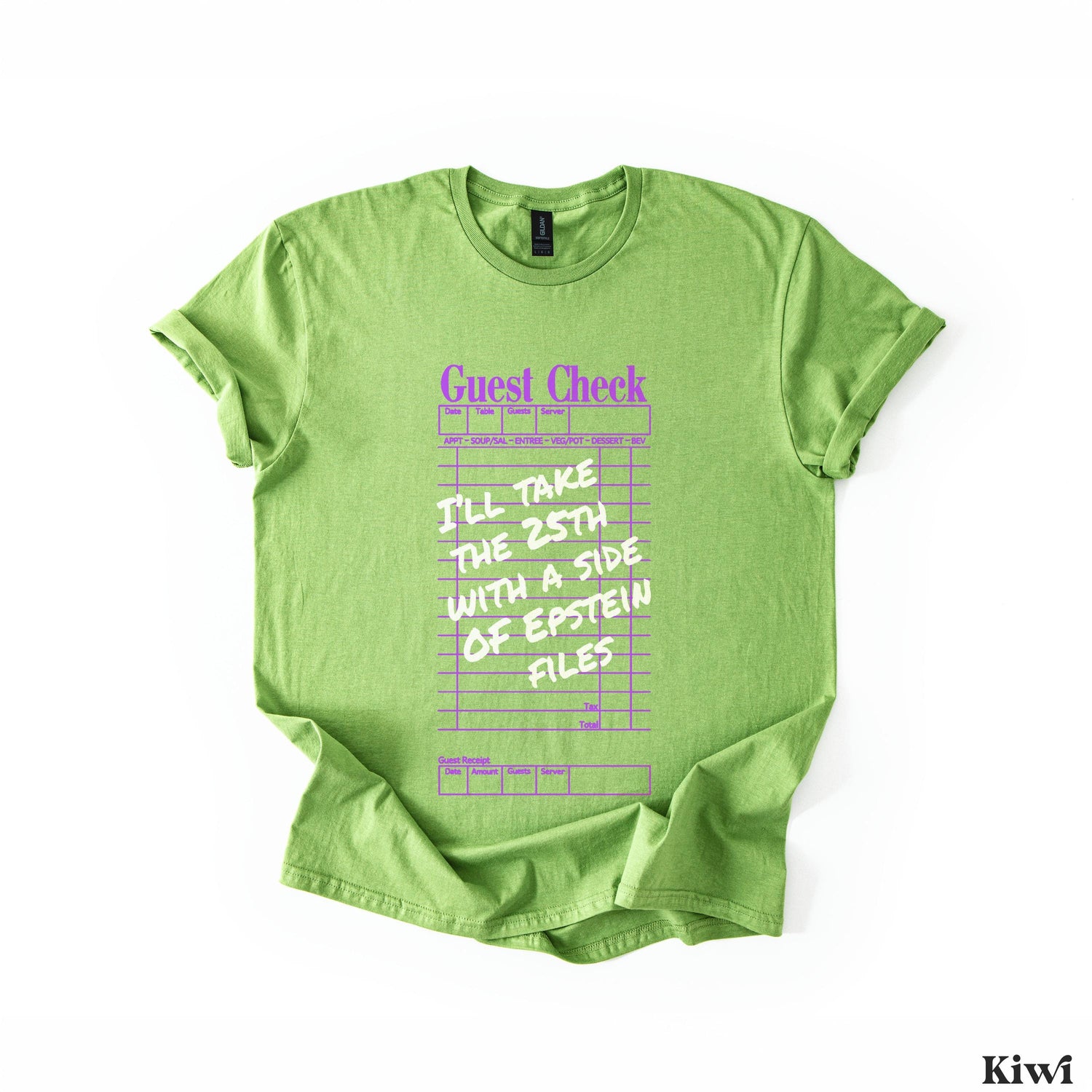 Green t-shirt with purple text reading &amp;quot;Guest Check&amp;quot; and &amp;quot;I&amp;