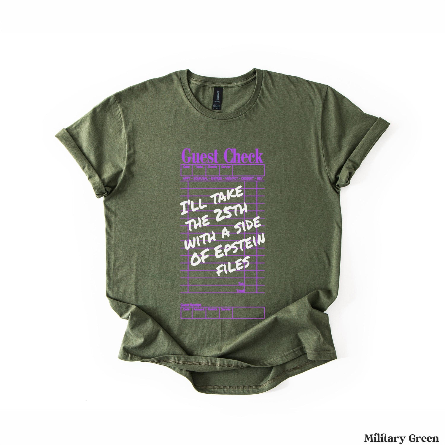 Olive green t-shirt with &amp;quot;Guest Check&amp;quot; and &amp;quot;I&amp;