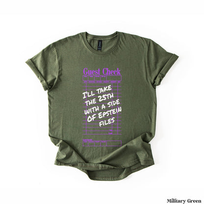Olive green t-shirt with &amp;quot;Guest Check&amp;quot; and &amp;quot;I&amp;
