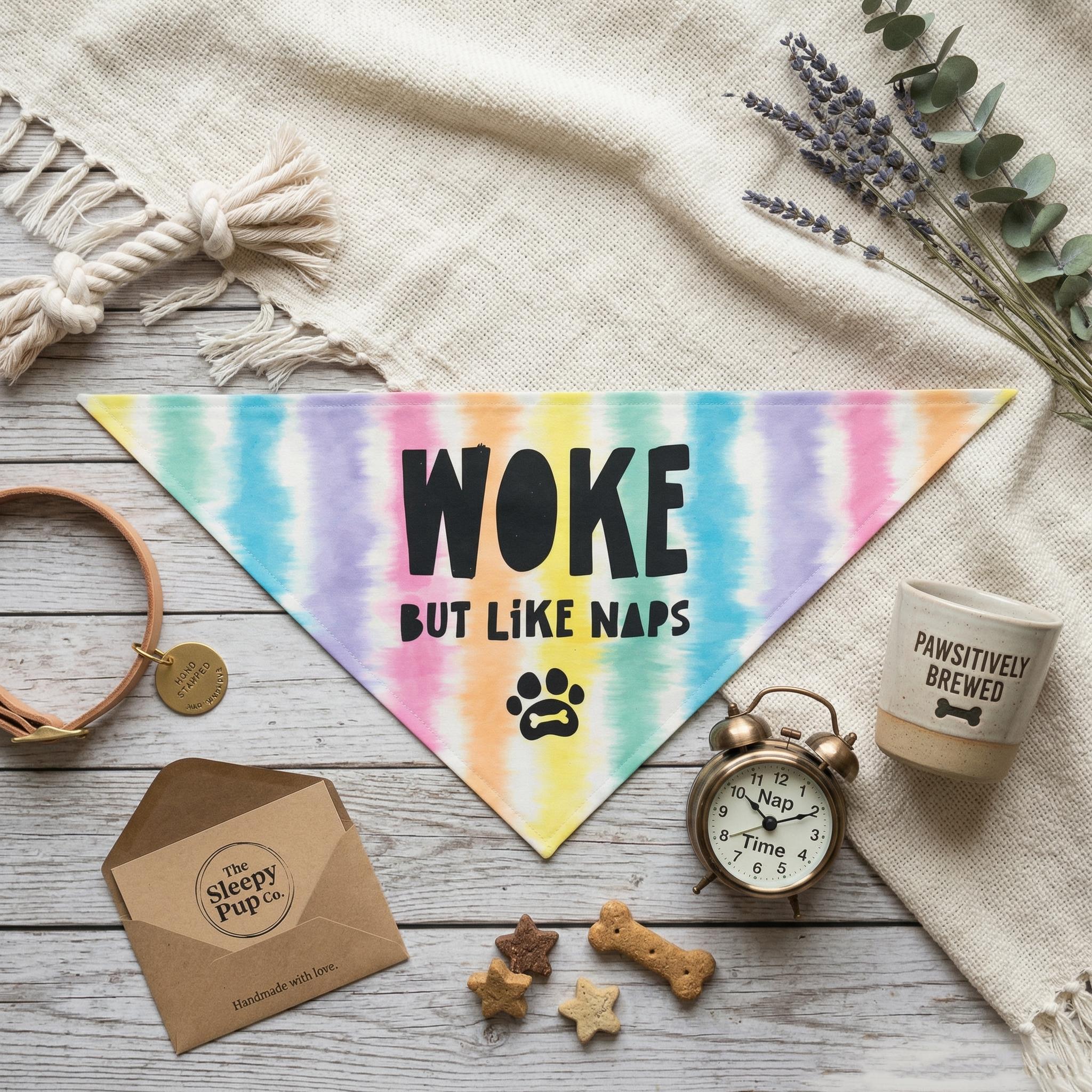 Tie-dye bandana with &amp;quot;WOKE BUT LIKE NAPS&amp;quot; text, dog tag, and coffee mug.