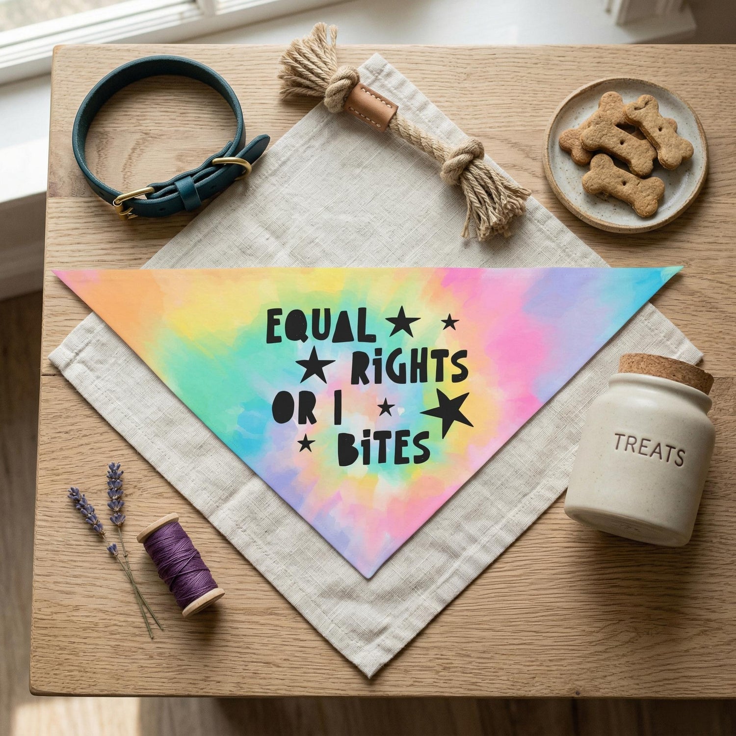 Bandana with &amp;quot;Equal Rights or I Bites&amp;quot; text on colorful tie-dye background.