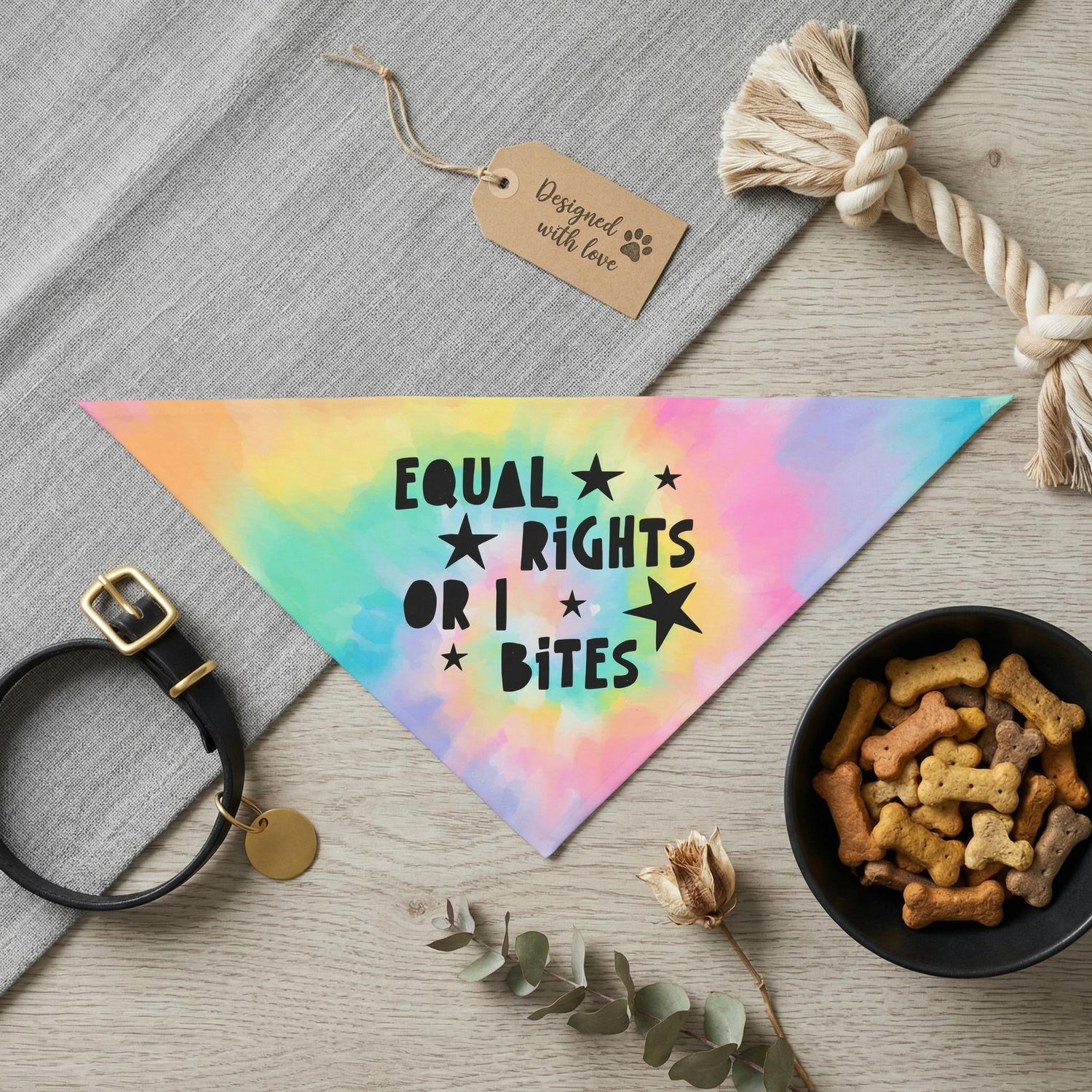 Tie-dye bandana with &amp;quot;Equal rights or I bite&amp;quot; text, dog collar, and treats.