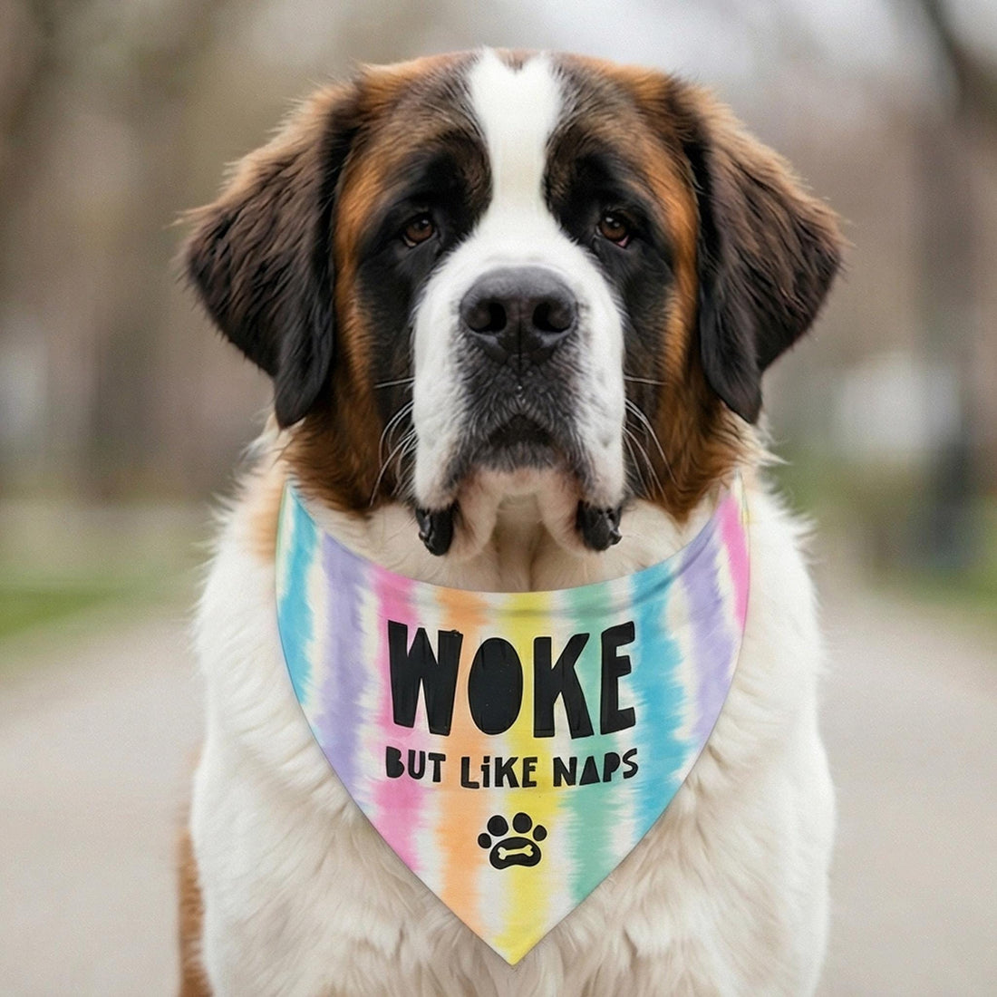 Saint Bernard dog wearing a tie-dye bandana that says &amp;quot;WOKE BUT LIKE NAPS&amp;quot;.