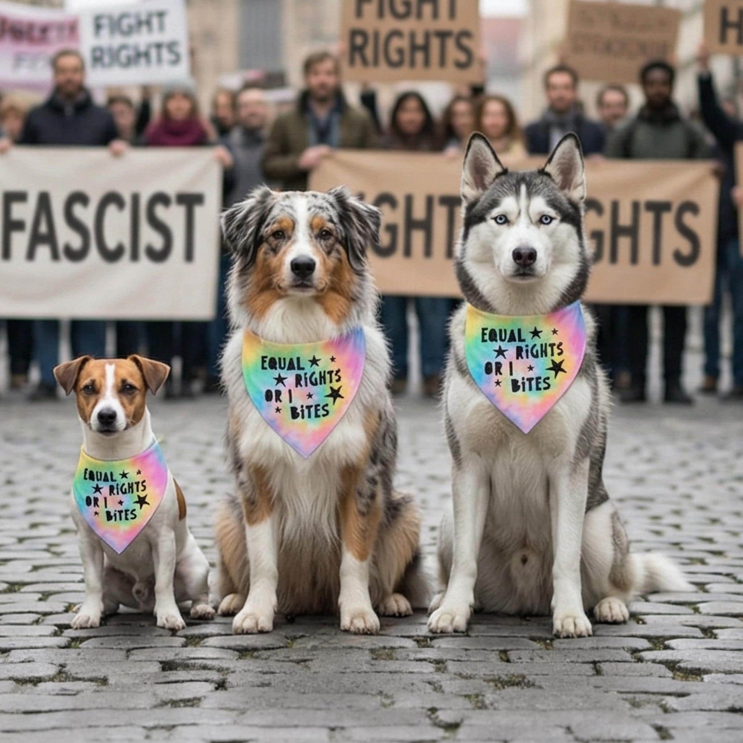 Three dogs wearing bandanas promoting equal rights and love.
