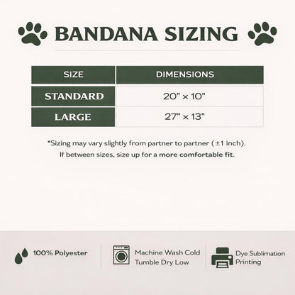Bandana sizing chart with dimensions for standard and large sizes.