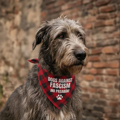 Irish Wolfhound wearing a red and black checkered bandana that says &amp;quot;DOGS AGAINST FASCISM ¡NO PASARÁN!&amp;quot;.