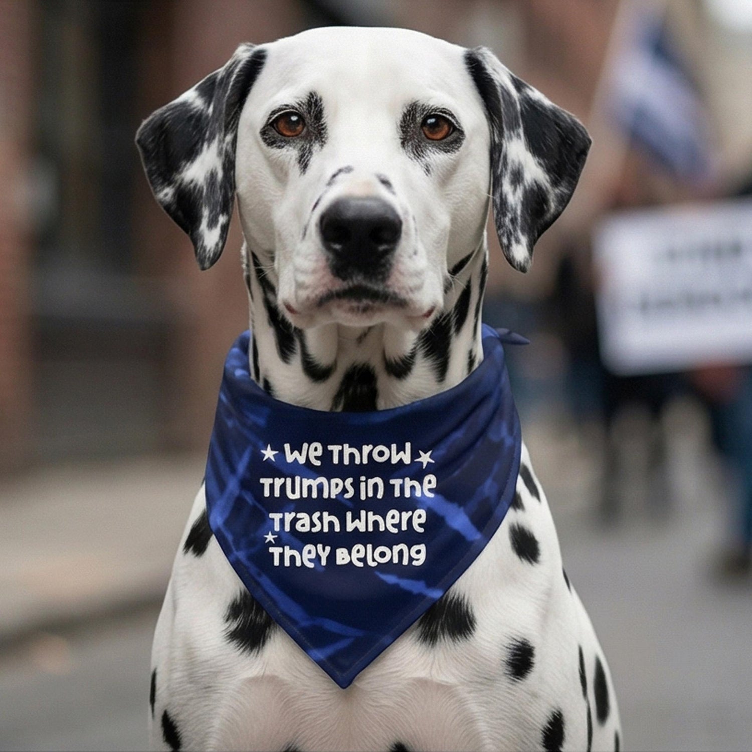 Dalmatian wearing a blue bandana with white text that reads &amp;quot;We throw the trash where they belong&amp;quot;.