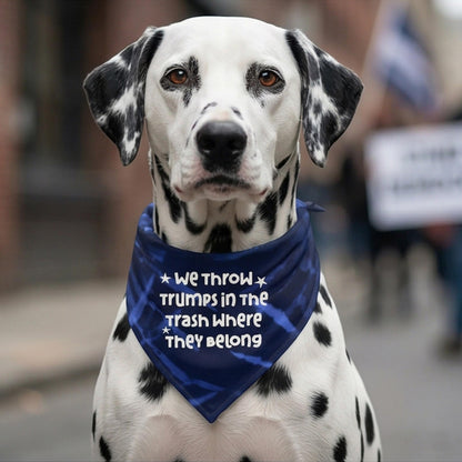 Dalmatian wearing a blue bandana with white text that reads &amp;quot;We throw the trash where they belong&amp;quot;.