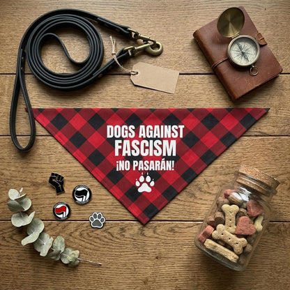 Red and black plaid bandana with &amp;quot;DOGS AGAINST FASCISM&amp;quot; text.