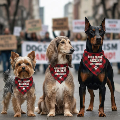 Three dogs in protest bandanas reading &amp;quot;Dogs Against Fascism.&amp;quot;