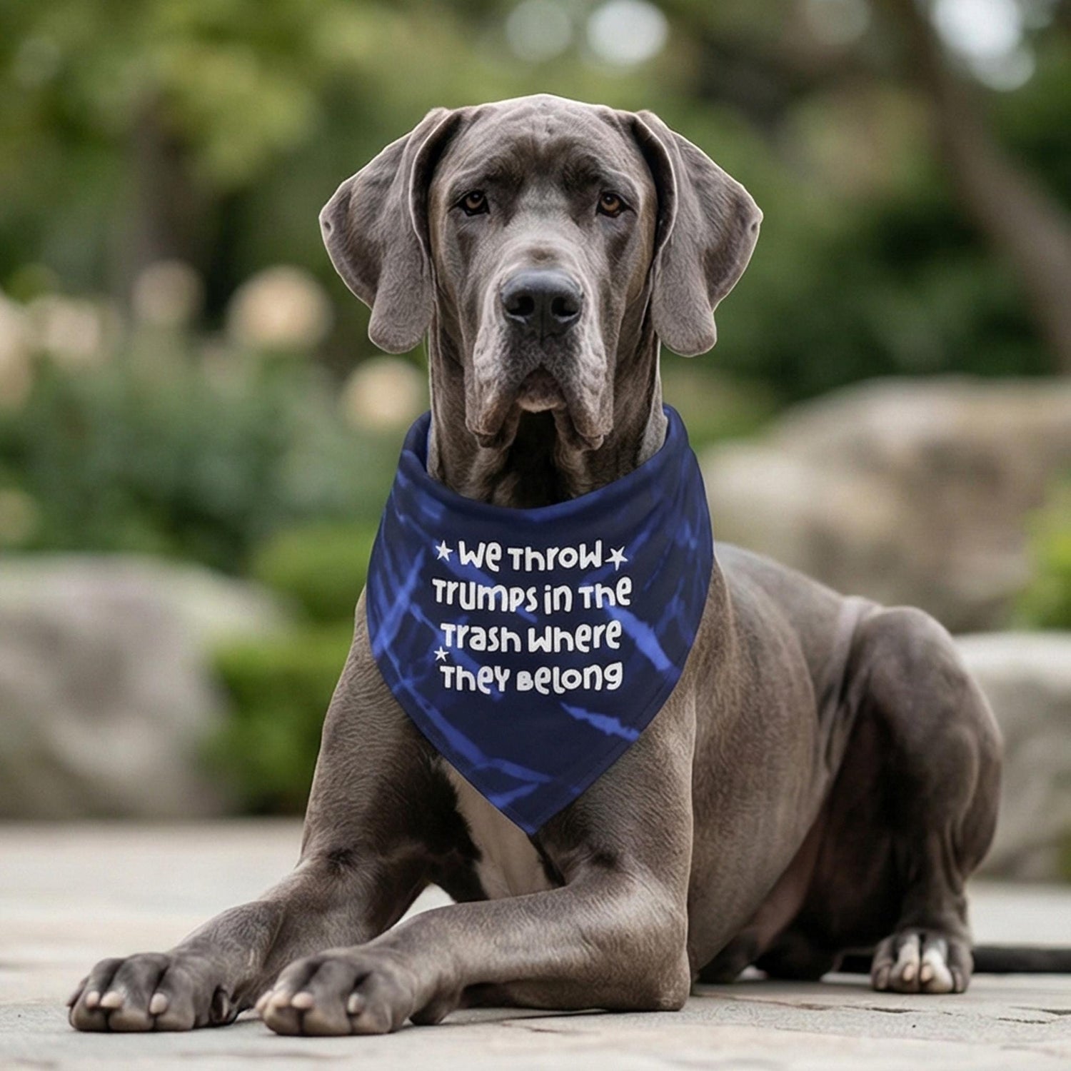 Great Dane wearing a blue bandana with white text &amp;quot;We throw the trumps in the trash where they belong.&amp;quot;