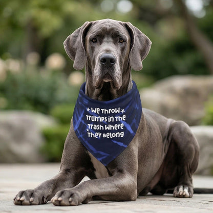 Great Dane wearing a blue bandana with white text &amp;quot;We throw the trumps in the trash where they belong.&amp;quot;