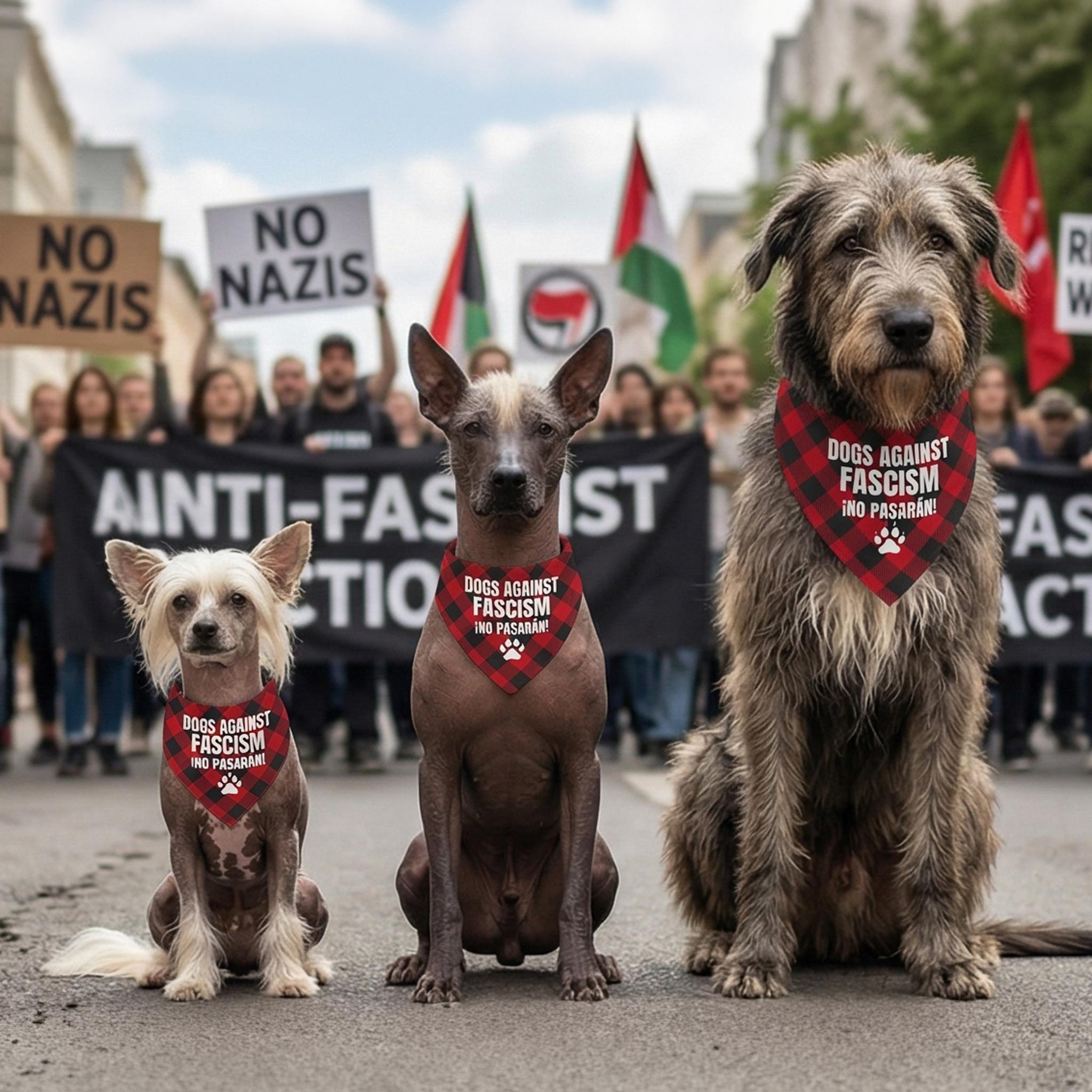 Three dogs wearing bandanas, protesting against fascism with a banner in the background.