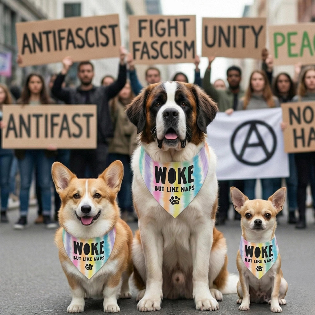 Three dogs wearing &amp;quot;Woke But Like Naps&amp;quot; bandanas at a protest.