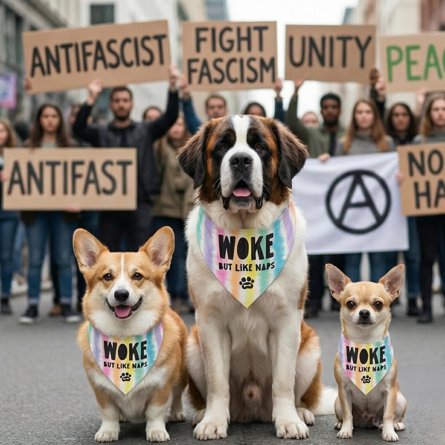 Three dogs wearing &amp;quot;Woke But Like Naps&amp;quot; bandanas at a protest.