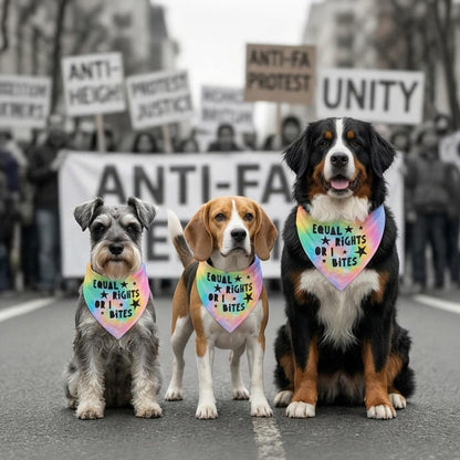 Three dogs in protest-themed bandanas sit in front of a protest crowd.