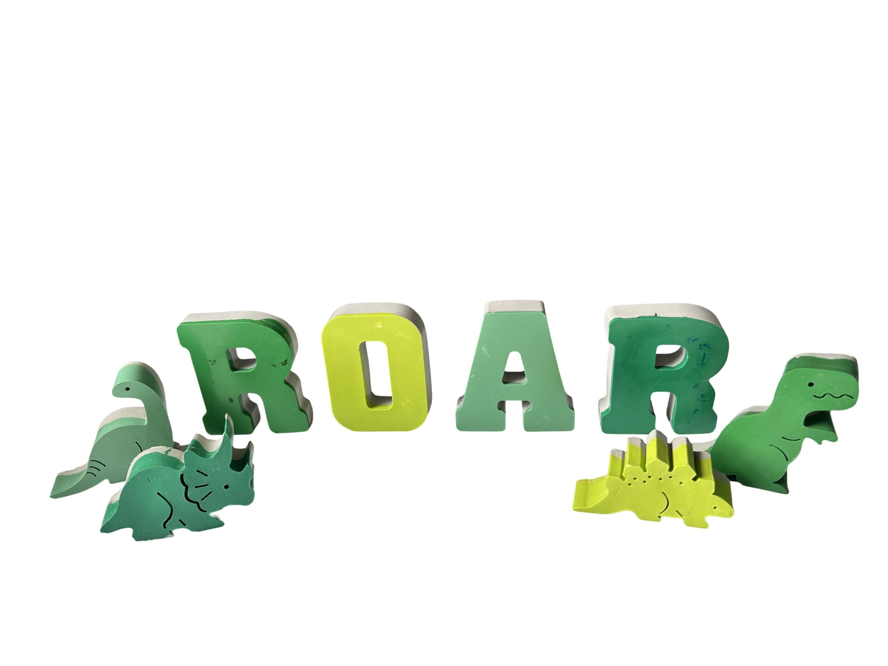 Concrete Dinosaur Decor &amp; ROAR Letters - Unique Kids Room Shelf Decor - Modern Nursery Decorations - Crayon Finish Solid Concrete Dinos