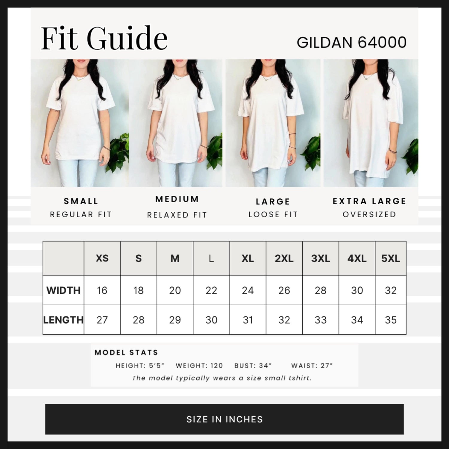Gildan 64000 t-shirt fit guide with size chart and model stats.