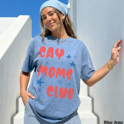 Blue t-shirt with &amp;quot;Gay Moms Club&amp;quot; text and stars design.
