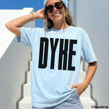 Light blue t-shirt with black &amp;quot;DYKE&amp;quot; text and &amp;quot;Chambray&amp;quot; label.