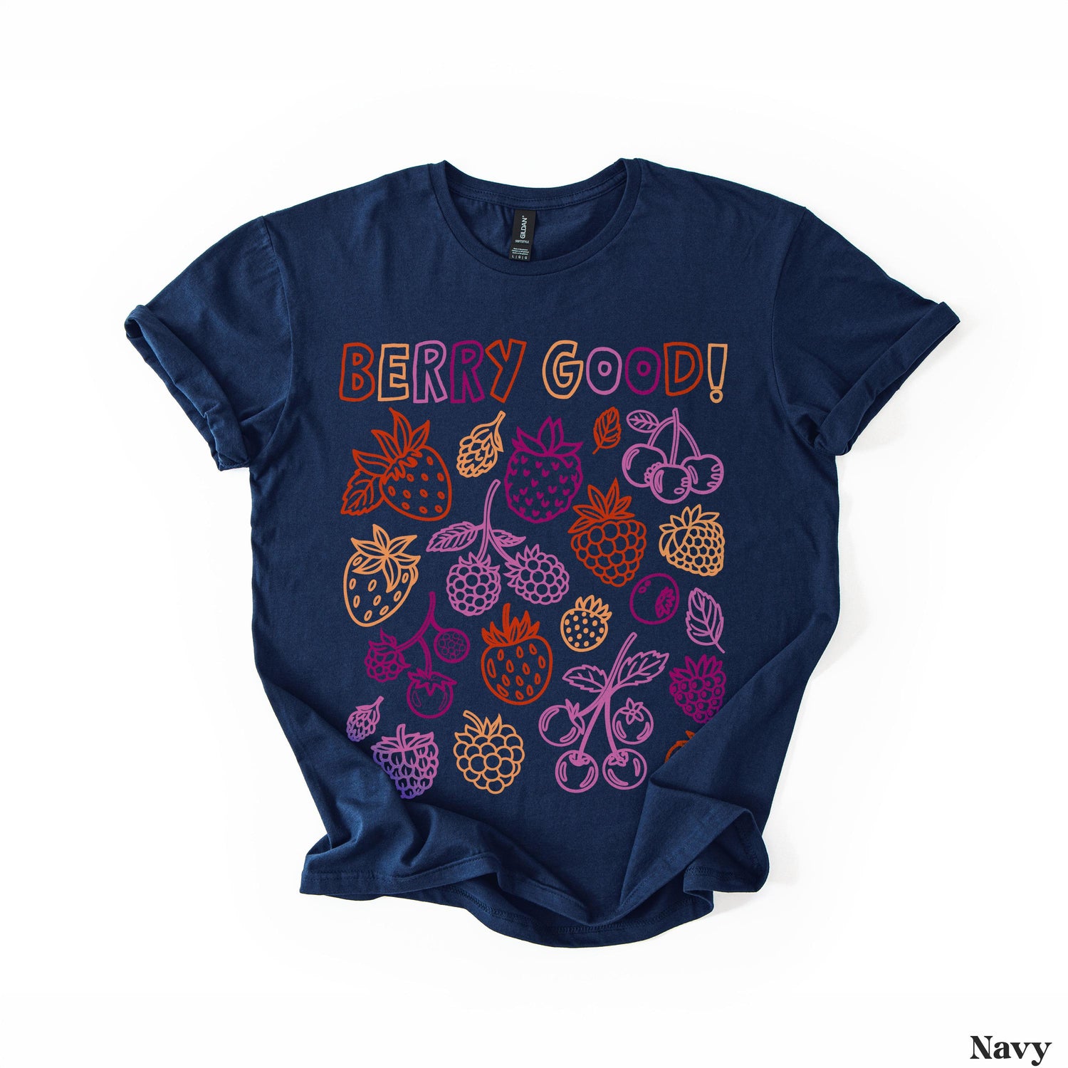 Navy t-shirt with colorful berry illustrations and &amp;quot;BERRY GOOD!&amp;quot; text.