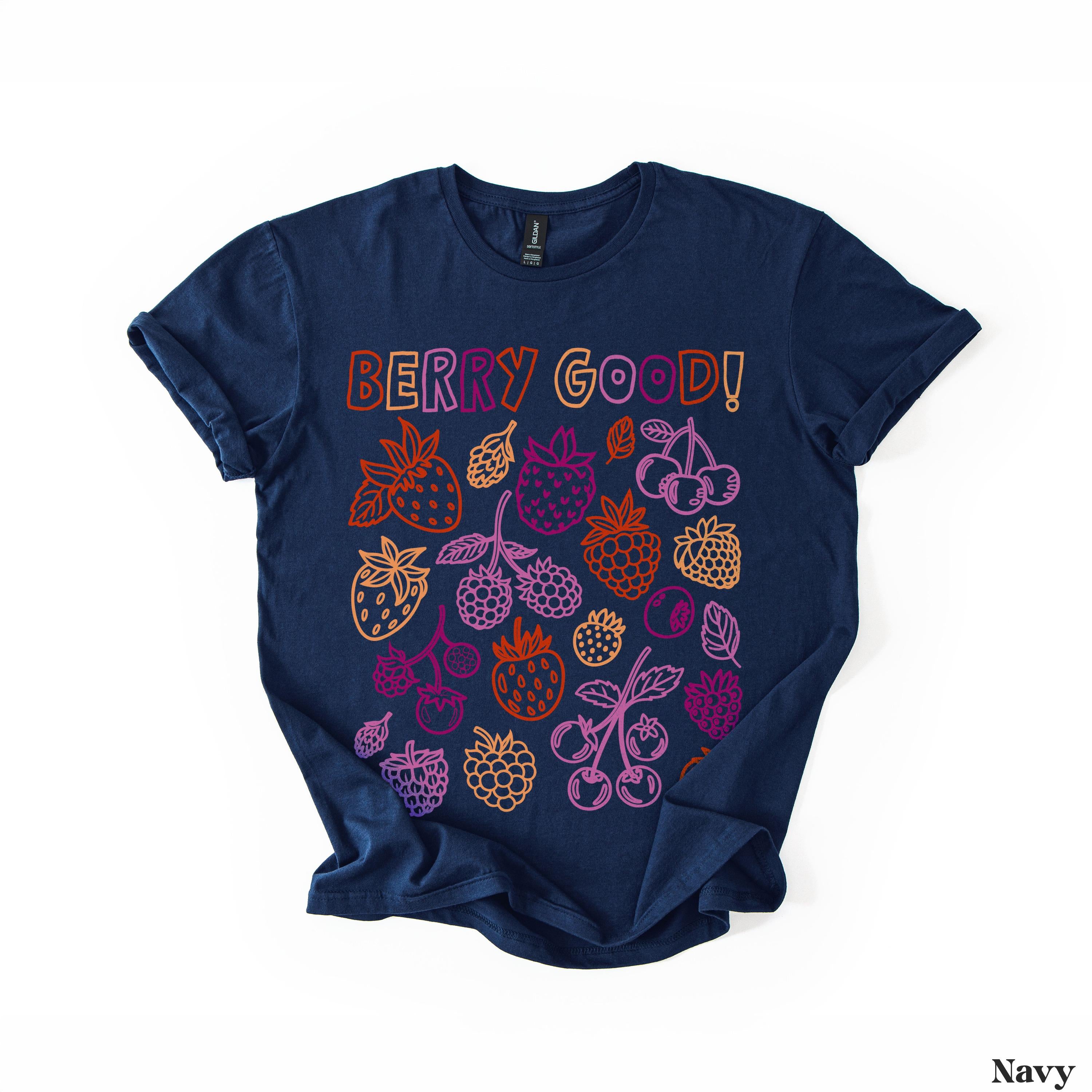 Navy t-shirt with colorful berry illustrations and &amp;quot;BERRY GOOD!&amp;quot; text.