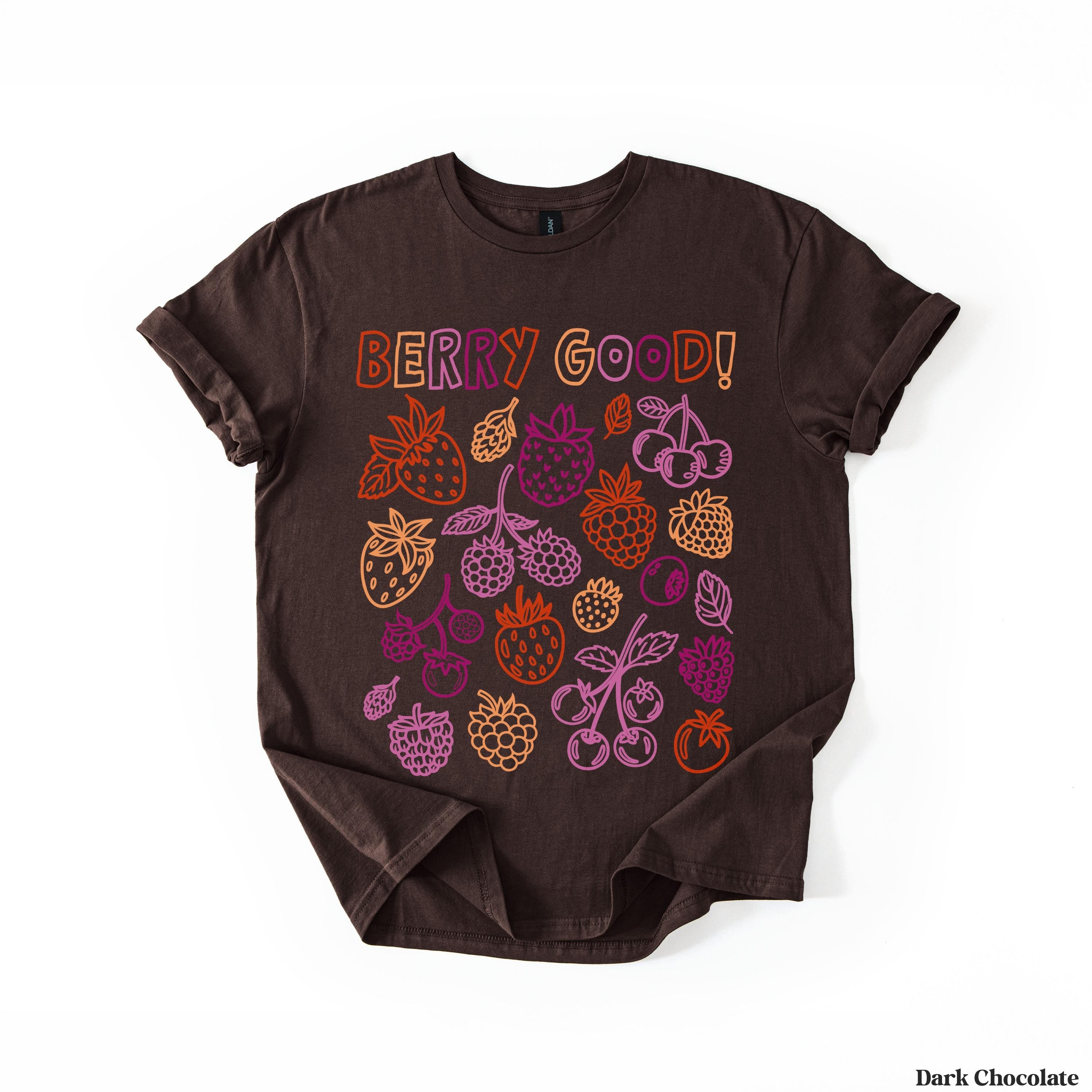 Dark brown t-shirt with &amp;quot;BERRY GOOD!&amp;quot; and assorted berry illustrations.