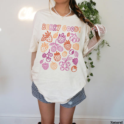 Cream t-shirt with assorted berry illustrations and &amp;quot;Berry Good&amp;quot; text.