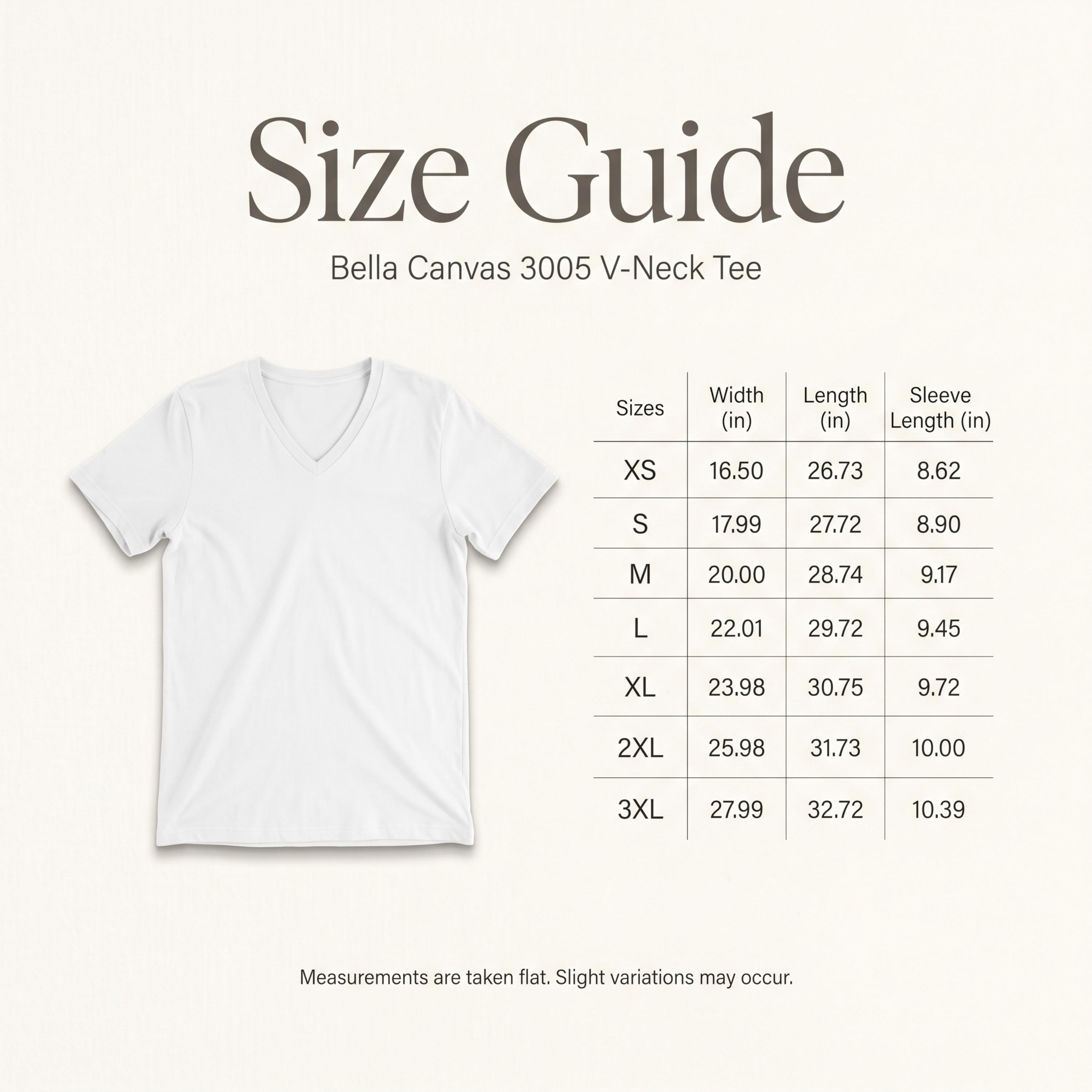 Size guide for Bella Canvas 3005 V-Neck Tee with measurements.