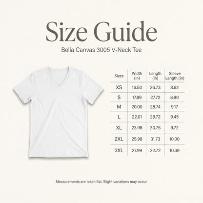 Size guide for Bella Canvas 3005 V-Neck Tee with measurements.