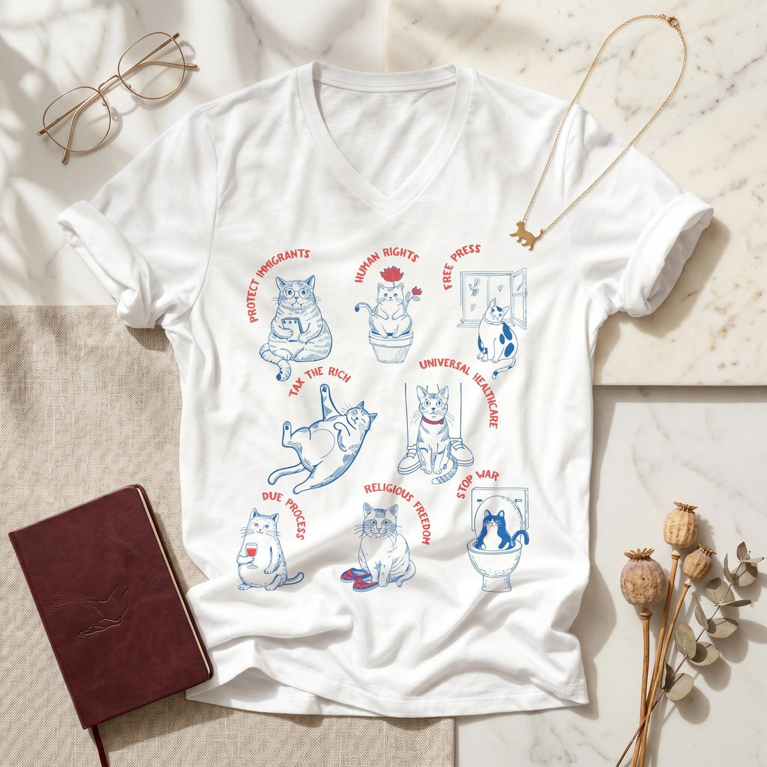 Progressive Cat Lovers V Neck T-Shirt, Liberal Values T Shirt, Anti Trump Tee, Human Rights, Free Press, Tax the Rich Top