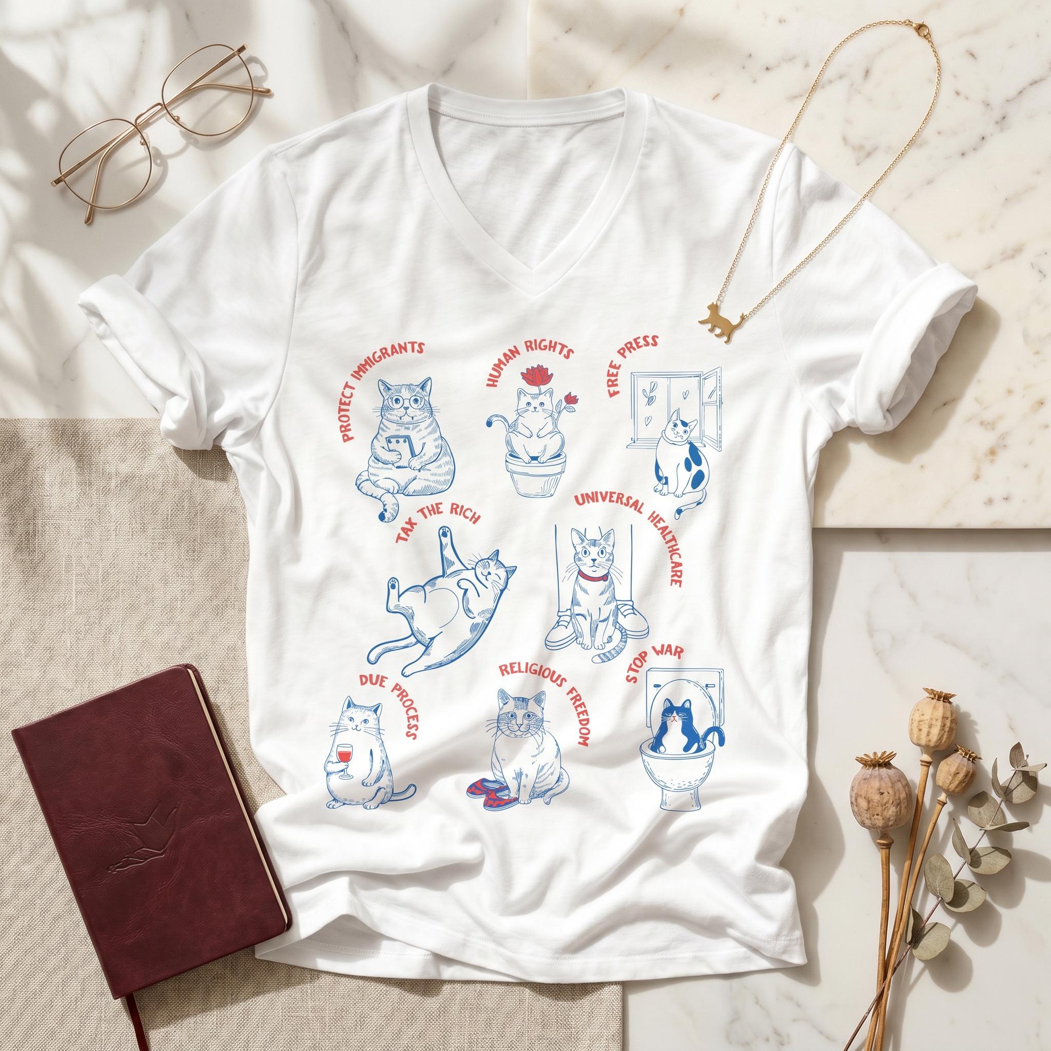 Progressive Cat Lovers V Neck T-Shirt, Liberal Values T Shirt, Anti Trump Tee, Human Rights, Free Press, Tax the Rich Top