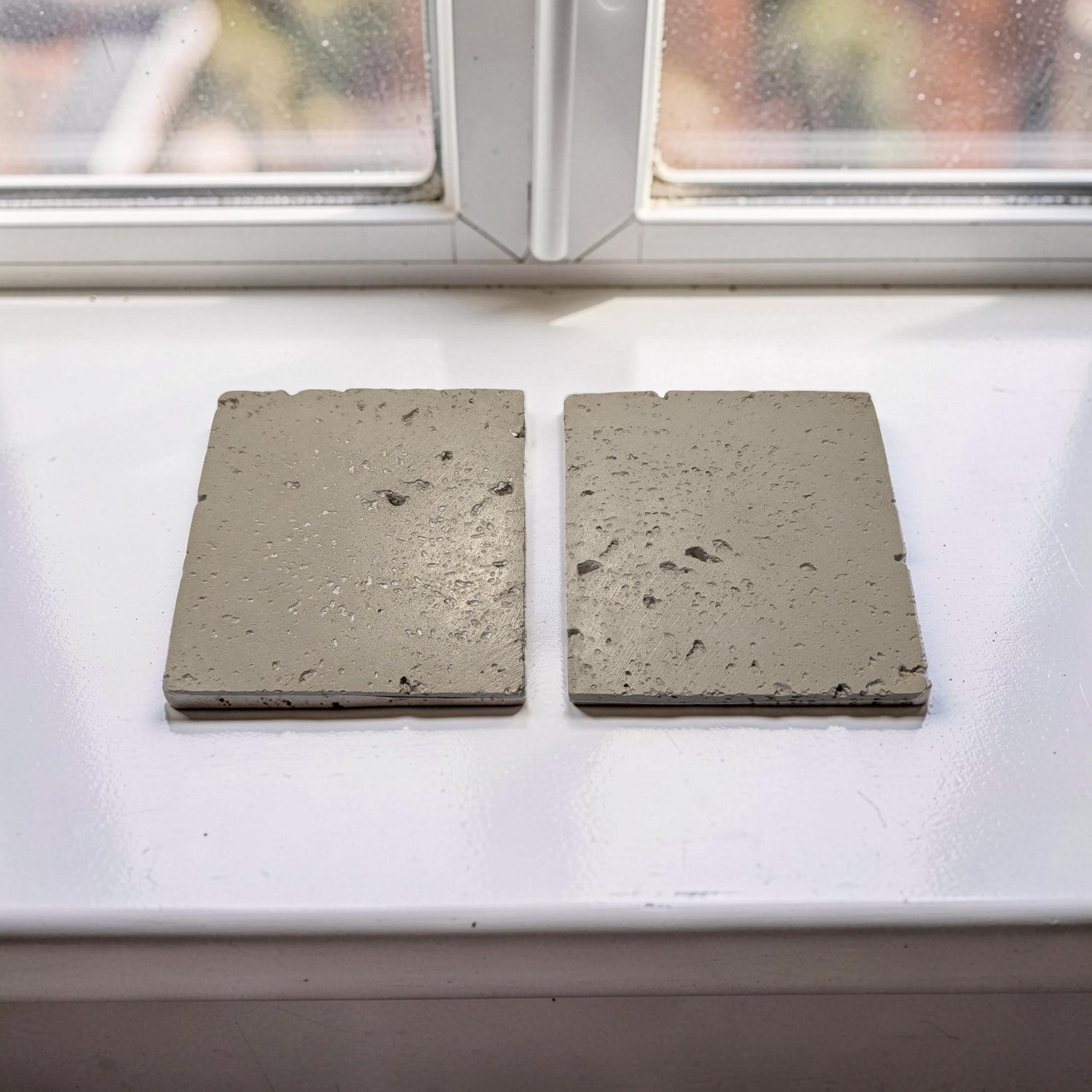 Minimalist Concrete Coasters Set of 2, Modern Industrial Drink Coasters with Cork Feet, Square Cement Product Photography Props