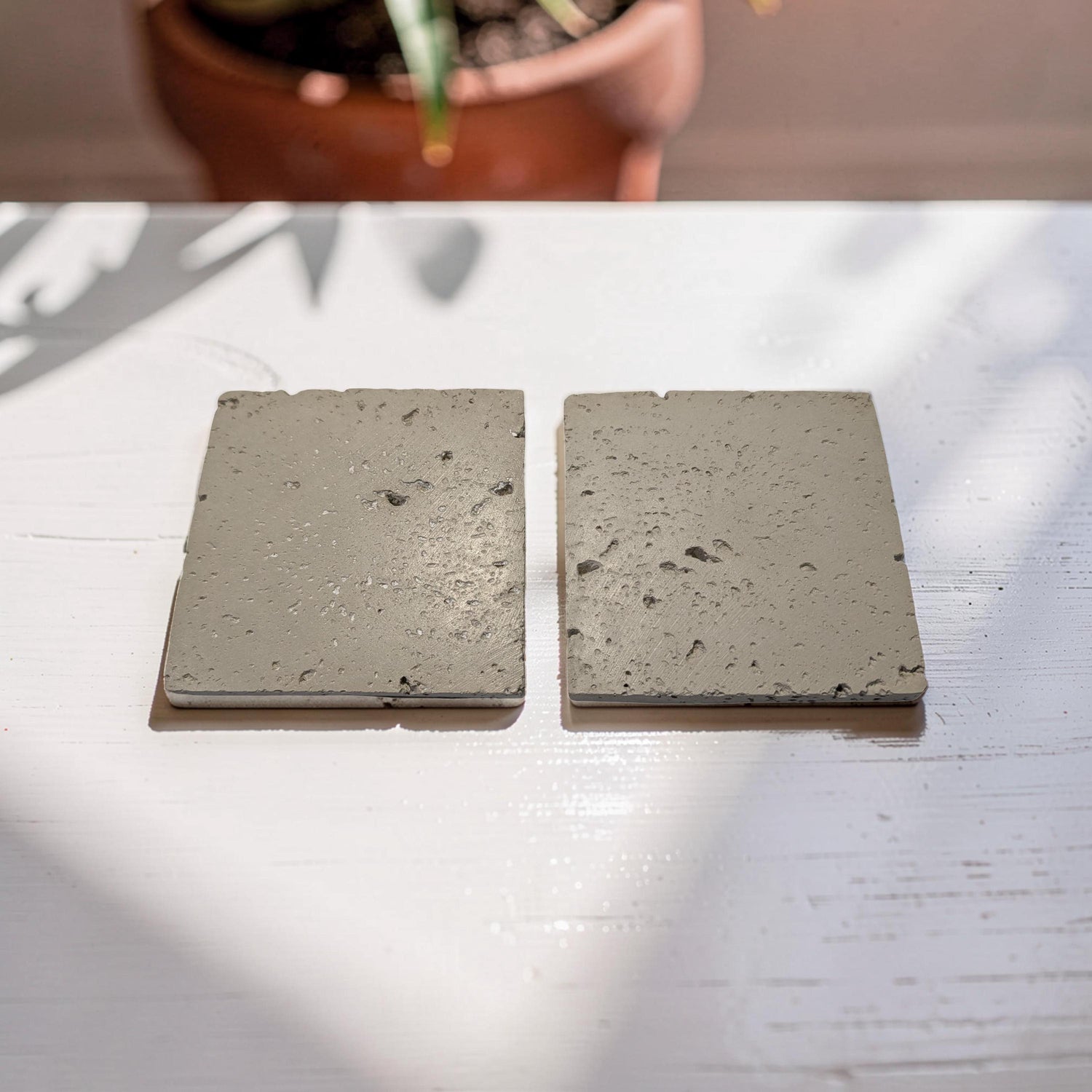 Minimalist Concrete Coasters Set of 2, Modern Industrial Drink Coasters with Cork Feet, Square Cement Product Photography Props
