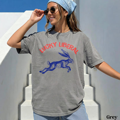 Grey t-shirt with blue rabbit graphic and &amp;quot;Lucky Liberal&amp;quot; text.