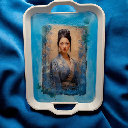 Large Asian Inspired Melamine Serving Tray, Watercolor Art Tray, Food Safe Epoxy Centerpiece Gift