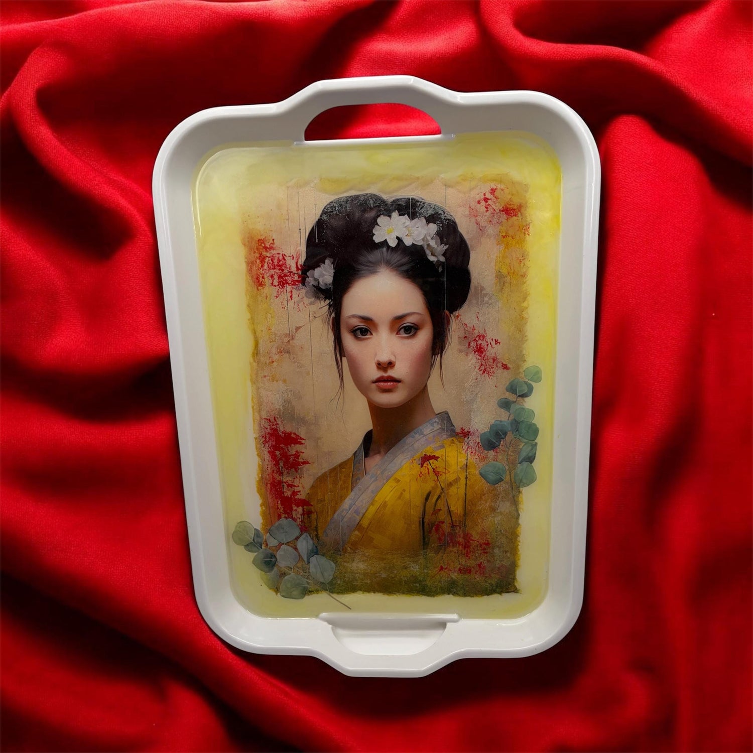 Asian Inspired Melamine Serving Tray, Medium Watercolor Art Tray, Food Safe Epoxy Centerpiece Gift