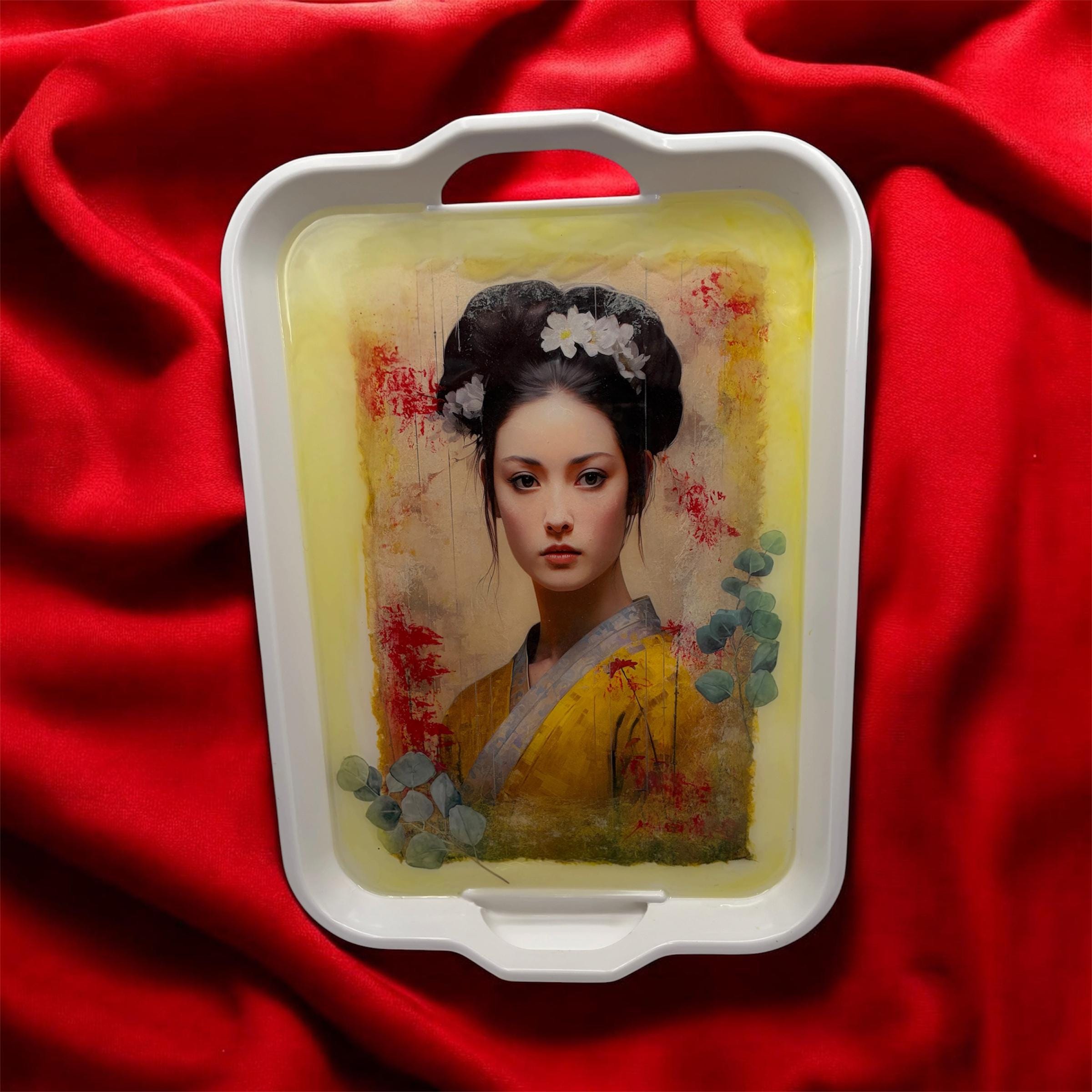 Asian Inspired Melamine Serving Tray, Medium Watercolor Art Tray, Food Safe Epoxy Centerpiece Gift