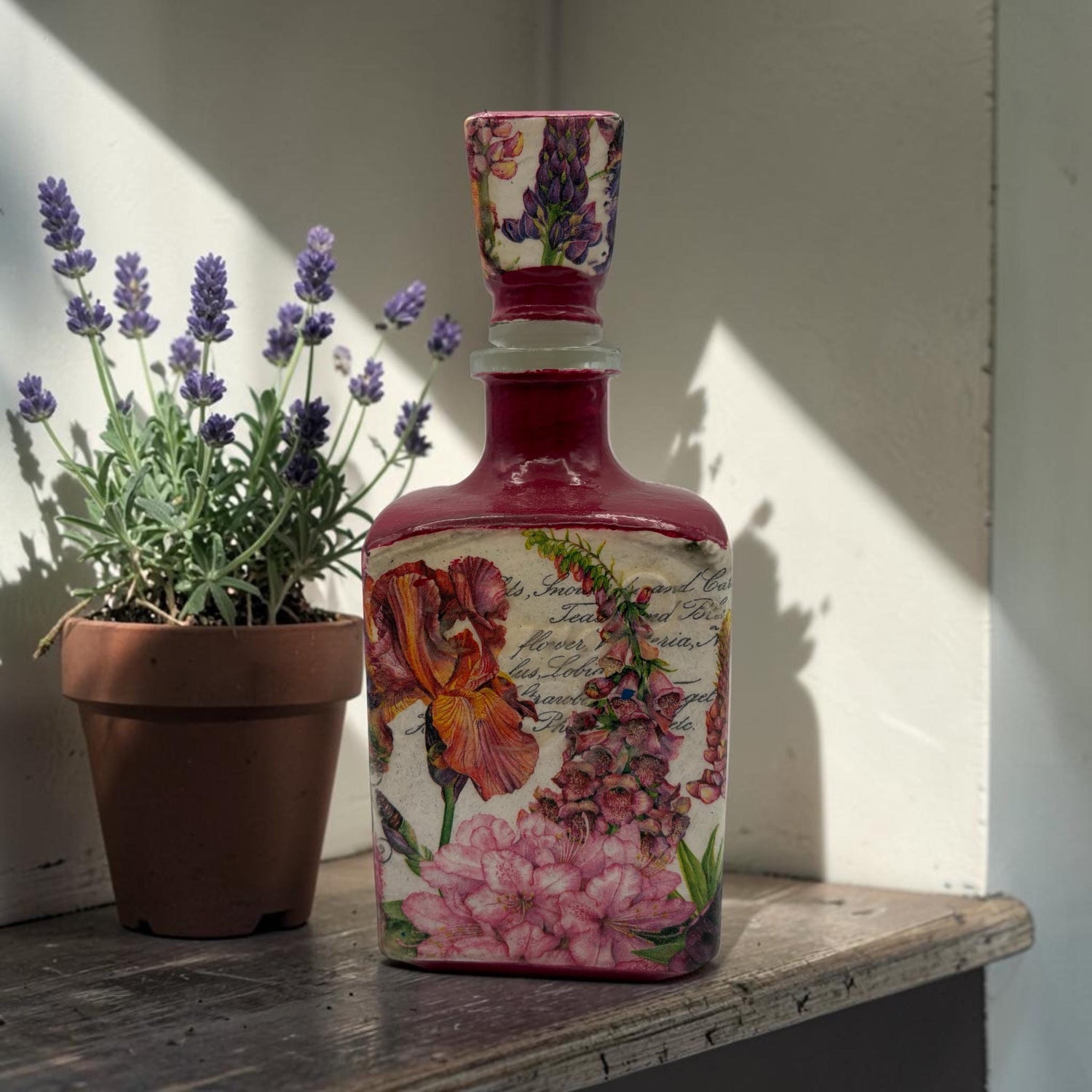 Red Magenta Iris Decoupaged Tequila Bottle, Refillable Liquor Decanter, Floral Bar Decor Gift